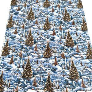 Christmas Winter Quilt Fabric Village Church Snow Trees Silver Glitter Cotton